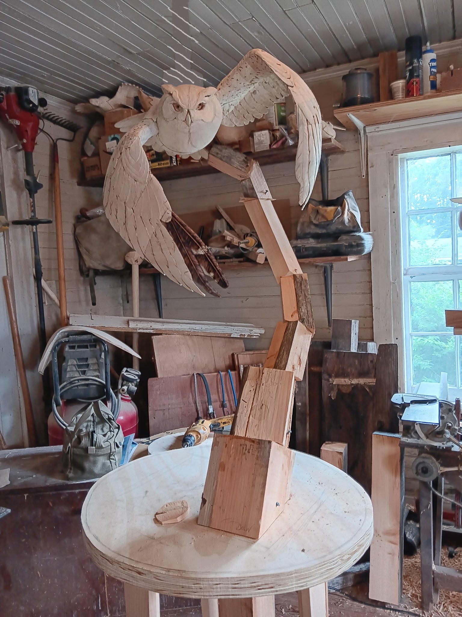 Owl sculpture in progress, alternate angle in workshop